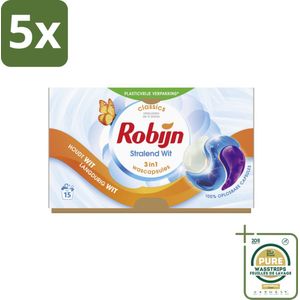 5 x Robijn - 3-in-1 Stralend Wit - Wascapsules - 15 Wasbeurten - Grootverpakking - Wit Was - Stralend Wit - Wascapsules - White Serum - Wasverzachter