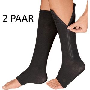 Steunkousen - Zwart - Compressie Kousen met Open Teen - 2 Paar - L/XL