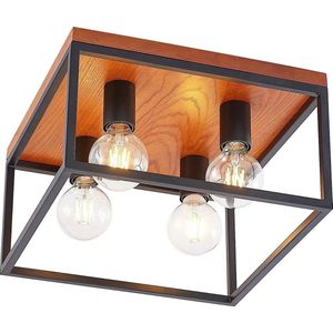 Lindby - plafondlamp - 4 lichts - staal, eikenhout - H: 22.5 cm - E27 - eiken, zwart