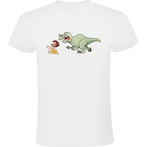 Dinosaurus rent achter holbewoner aan Dames T-shirt - dino - t-rex - geschiedenis - planeet - oermens - grappig