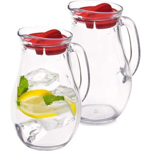 Pasabahce Waterkan sapkan schenkkan met afsluitdop - 2x - 1 liter - glas - transparant/rood - 20 cm