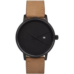 VENSTER - Minimalistisch Horloge - Heren - Beige leer en Zwarte wijzerplaat - Design Amsterdam - Inclusief geschenkverpakking