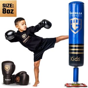 Guerilla Sports – Staande Bokszak ""KIDS BLUE"" - Kickbokszak met stevige voet in hoogwaardige kwaliteit en leren bokshandschoenen (8oz) – Kids – Boksbal kind