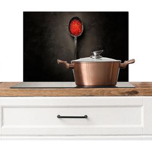 Spatscherm keuken 70x50 cm - Kookplaat achterwand Zwart - Lepel - Caviar - Muurbeschermer - Spatwand fornuis - Hoogwaardig aluminium