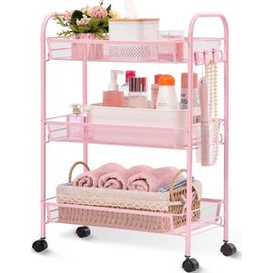 Rolwagen met 3 verdiepingen, multifunctionele mobiele keukentrolley voor badkamer, keuken en wasruimte. Roestvrij metaal, ademende gaasmand en zijhaken inbegrepen. Eenvoudige montage, roze