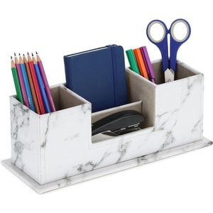 Relaxdays pennenbak marmer look - bureau organizer 4 vakken - pennenhouder - kantoor