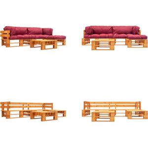 vidaXL 4-delige Loungeset pallet met rode kussens hout - Loungeset - Loungesets - Tuinset - Tuinbank
