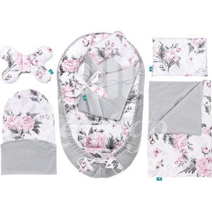 Lantigo 6-delig babynest set voor pasgeborenen, baby nestje, babykussen, babydeken, babyhoorntje, eerste babyuitrusting - 100% katoen, 95×55 cm - Pink Flowers met grijs fluweel