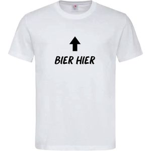 T-shirt Unisex Volwassenen Grappig Tekst ""Bier hier ↑"" Op Voorkant | korte mouw | Wit/zwart | maat XXL