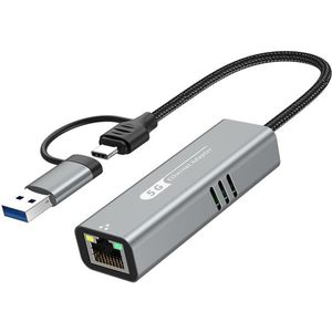 USB-C + USB 3.0 naar Ethernet (RJ45) 5Gbps zeer snelle Ethernet Adapter – Supersnelle Bedrade Netwerkadapter voor Laptop, MacBook en PC - grijs