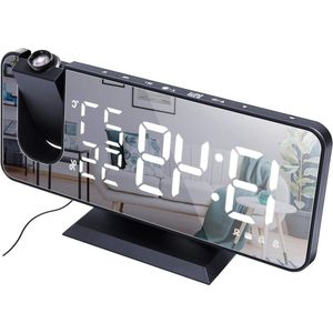 Projectiewekker voor slaapkamer met grote 74 inch LED-spiegeldisplay & 4 dimmer-radiowekker met USB-opladen - 180 ° draaibaar, 2 geluiden (zwart-wit)