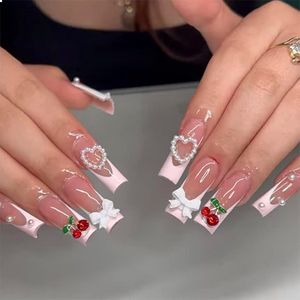 3D Cherry Bow Pearl Faux Nails - White French Tips - Press Nails - Extra Long Square Fake Nails met Design - Glossy Cover - False Nails