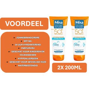 MIXA ZONNEBRANDCREME - BODYLOTION - SPF 50+ - 24UUR HYDREREND - HYPPOALLERGEEN - ZONDER CHLOOR - ZONDER ZOUT - WATERBESTENDIG - GESCHIKT VOOR KINDEREN EN VOLWASSENEN - IDEAAL VOOR GEVOELIGE HUID EN REACTIEVE HUID - NU VOORDEEL - 2X 200ML