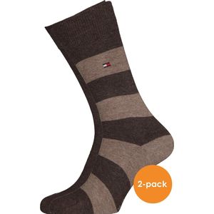 Tommy Hilfiger Rugby Stripe Socks (2-pack) - herensokken katoen gestreept en uni - bruin - Maat: 39-42