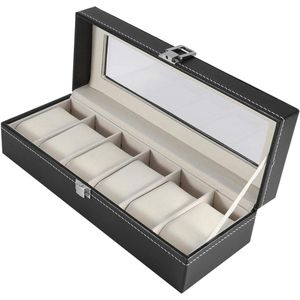 Opbergdoos voor 6 horloges - Polshorloge opberghoes van PU-leer - Elegante houten sieradendoos met kussens - Armband displayhouder