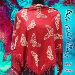 Boho Tribal Floral (BTF) - driehoek sjaal - Vlinders - Venetiaans Rood / Beige - katoen - gehaakte franjes - casual feest - volwassen jeugd kinderen - vrouwen meisjes