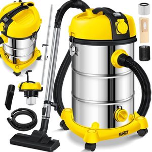 MASKO® industriële stofzuiger nat-droog roestvrij staal 2300W + stopcontact | blaasfunctie | droog en nat zuigen | Push&Clean | industriële stofzuiger met en zonder zak | zakloos - Geel