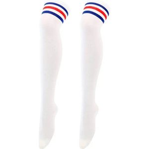 Hoge Gestreepte Kniekousen Meisejs & Dames I Elastische Knie Sokken I Knie Kousen I Verkleedkousen I Rekbaar 60 x 9 CM I One Size S/L I Wit Met Blauw/Rode Strepen