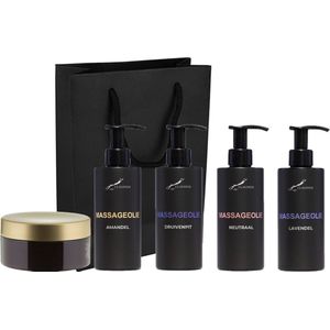 Massageolie Set - Lavendelolie + 100% Amandelolie + Massageolie Neutraal + 100% natuurlijke druivenpitolie + Scrubzout 300 gram - 300 ml per fles - set van 5 stuks - met luxe gift tas - cadeau - giftset voor hem en haar