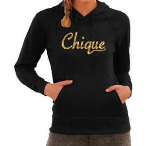 Chique glitter goud tekst hoodie zwart dames- zwarte fun sweater/trui met capuchon XS