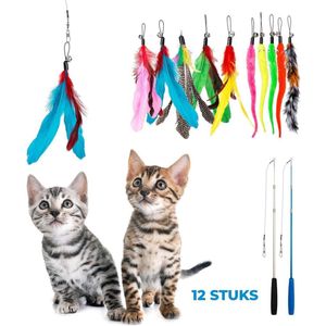 2 Kattenhengels met 10 Speeltjes – Bewegende Kattenspeeltjes met Veren en Belletjes – Interactieve Kattenspeelgoed Voor Kittens – Cat Toys