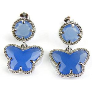 Zilveren oorringen oorbellen Model Vlinder en Rond gezet met blauwe steen
