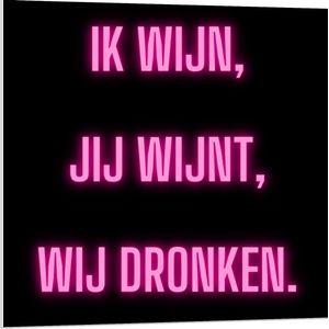 Forex - Tekst: ''Ik Wijn, Jij Wijnt, WIj dronken'' Neon Letters Roze/Zwart - 80x80cm Foto op Forex