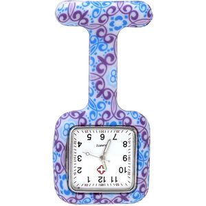 Fako® - Verpleegstershorloge - Zusterhorloge - Verpleegster Horloge - Siliconen Vierkant Print - Bloemen Paars/Blauw