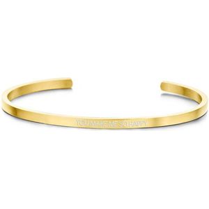 Key Moments 8KM-B00453 - Stalen open bangle met tekst - you make me so happy - zirkonia - one-size - goudkleurig