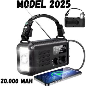 Noodradio - Solar Opwindbaar 20.000mAh - MODEL 2025 - Solar powerbank Zonneenergie - Survival Noodpakket - Zaklamp Oplaadbaar - Noodpakket – Noodrantsoen - Zwart