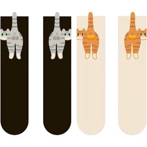 Grappige Kat Sokken - 2 paar Zachte Katoenen Dames Sokken met Kat Motief - Leuke Dieren Sokken voor Kattenliefhebbers