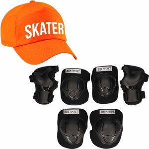 Set van valbescherming voor kinderen maat M / 6 tot 8 jaar met een stoere SKATER pet oranje