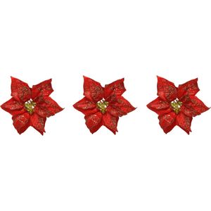10x stuks decoratie bloemen kerststerren rood glitter op clip 20 cm - Decoratiebloemen/kerstboomversiering