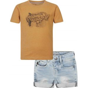 Noppies - Koko Noko - Kledingset - 2DELIG - Short Jeans blauw met omslag - Shirt Ross Apple Cinnamon - Maat 134