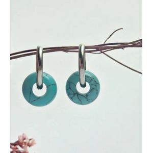 Oorringen met Donut hanger - Turkoois - Blauwe Turquoise (half)edelsteen - Stainless Steel - zilverkleurige oorbellen met hanger