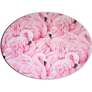 WallClassics - Dibond Ovaal - Getekende Roze Flamingos - 40x30 cm Foto op Ovaal (Met Ophangsysteem)