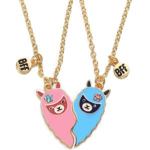 Bixorp Friends BFF Ketting voor 2 met Lama's Roze & Blauw - Goudkleurig Koord Vriendschapsketting - Twee Helften Best Friends - Voor Meisjes - Best Friends Ketting Vriendschap Cadeau voor Twee