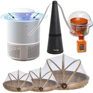 Anti-Vliegen-Voordeelpakket | Muggenlamp LED met aanzuiging | 3 x Vliegenkapjes bamboe | Vliegenverjager voor op tafel | Fruitvliegjesval | Merk Flystopper