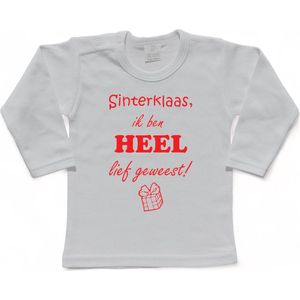Sinterklaas | T-shirt Lange Mouw | Sinterklaas, ik ben heel lief geweest! | Grappig | Cadeau | Kado | Wit/rood | Maat 104