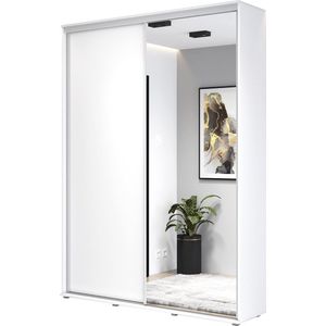 Hoge kledingkast met 2 schuifdeuren - Kledingkast met spiegel - 150x242x45 cm - Wit - Aluminium handgrepen - Interieur met planken en roede - Hoge kwaliteitsgarantie