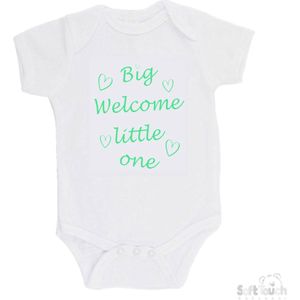 Soft Touch Romper ""Big welcome little one"" Unisex Katoen Wit/mint Maat 62/68