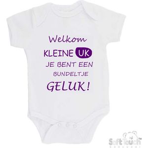 100% katoenen Romper ""Welkom kleine uk, je bent een bundeltje geluk"" Meisjes Katoen Wit/paars Maat 56/62