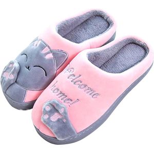Geweo Home Sloffen - Pantoffels - Open Sloffen - Koraal Fleece Pantoffels Dames - Antislip - Leuk Katje - Kerstmis - Kerstfeest - Christmas Gift  - Grijs/Roze - Maat 39/40