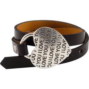 Zwarte leren armband met hart en tekst 'I Love You' - in lengte verstelbaar - 16.5 - 17 en 18 cm
