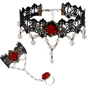 Gothic Choker Kant Halsketting met Roos Armband en Ring Set - Victoriaanse Halsketting
