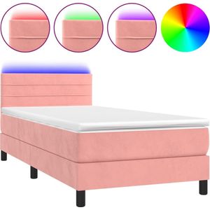 vidaXL Boxspring met matras en LED fluweel roze 90x200 cm