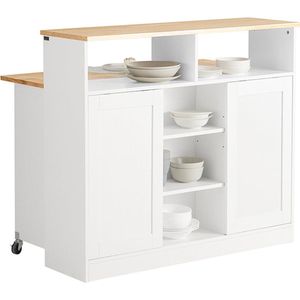 Rootz Modern Dressoir met Schuifdeuren - Keukeneiland - Dressoir - Verstelbare Planken - Opvouwbaar Werkoppervlak - Rubberhout & MDF - 110cm x 97cm x 66cm - Wit