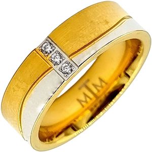 Tesoro Mio Michel – Verlovingsring / Trouwring Vrouw - Edelstaal - Bicolor Kleuren Goud & Zilver – Met 3 CZ Steentjes - 16 mm / Maat 50