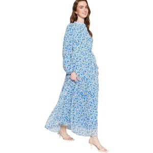 Trendyol Lichtblauwe Chiffon Geweven Jurk Met Bloemenpatroon, Riem En Hoge Kraag, Gevoerd Tctss21El3346