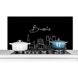 Spatscherm keuken 120x60 cm - Kookplaat achterwand Brussel - Zwart wit - Skyline - Line art - België - Muurbeschermer - Spatwand fornuis - Hoogwaardig aluminium